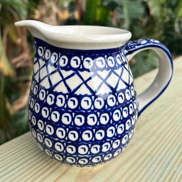 Handmade Polish Pottery Small Serving Pitcher - Bolesławiec, Blue Pattern, 5” - Picture 6 of 10